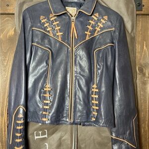 Beautiful Double D Ranch Midnight blue with tan accents Leather Jacket